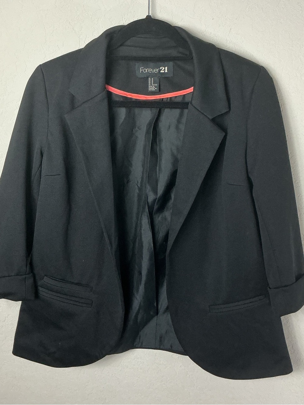 Forever 21 Women's Black Open Front 3/4 Cuffed Sleeve Blazer Jacket Medium